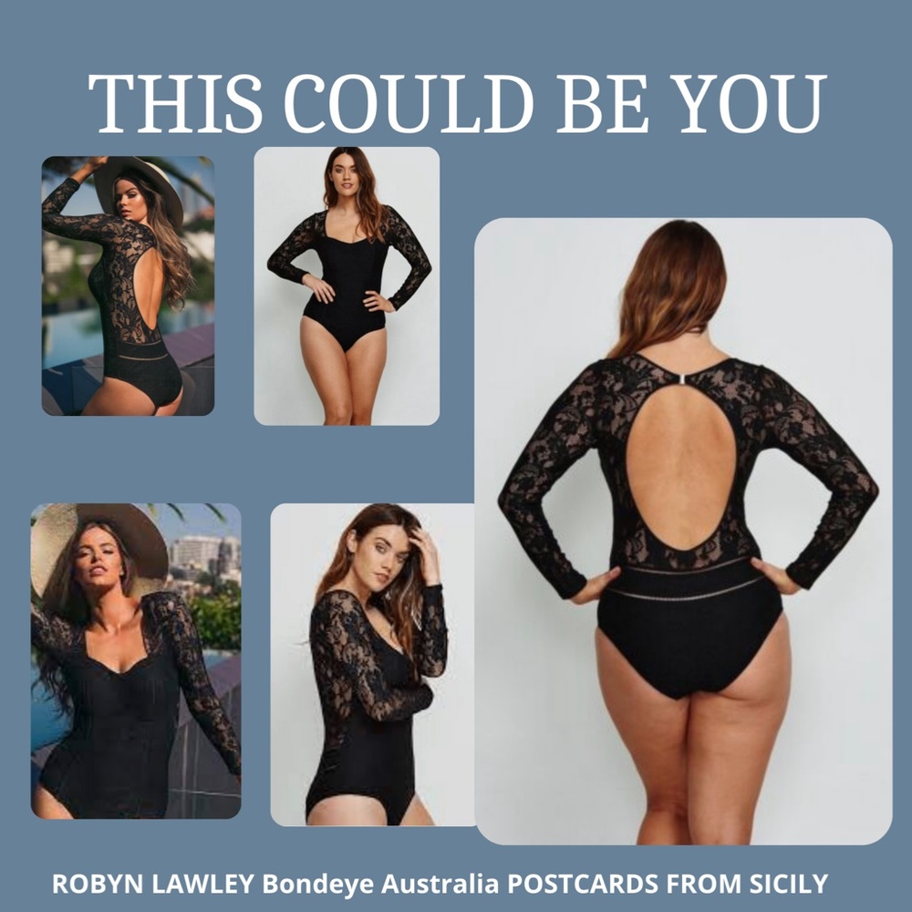 BLACK LACE LONG SLEEVE OPEN BACK ONE PIECE SWIMSUIT Sz US 10 - Picture 14 of 14